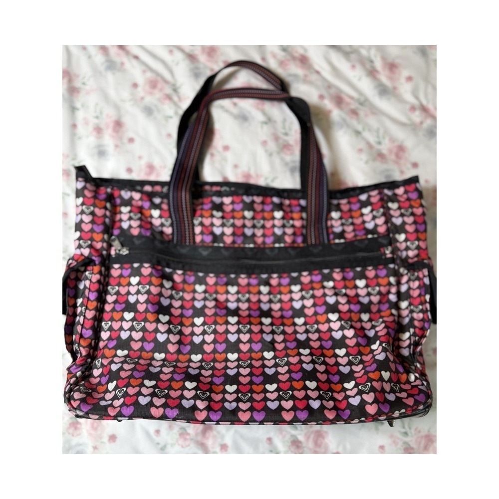 Roxy Heart Print Travel Tote Shoulder Bag Large Black Pink Red Gym Weekender